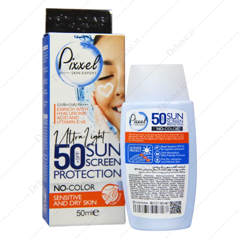 کرم ضد آفتاب SPF50 بی رنگ پوست‌‌ خشک و حساس پیکسل 50 میلی لیتر